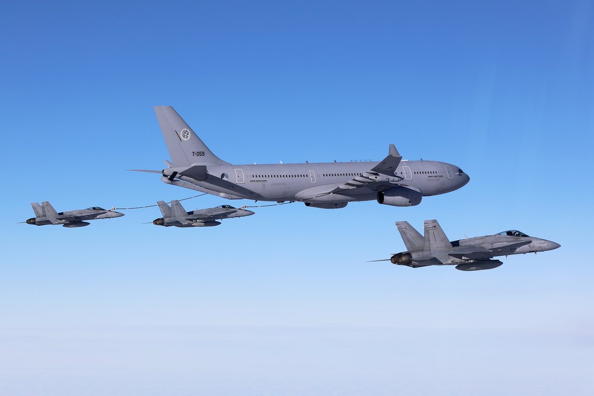The Finnish Air Force’s F/A-18 Hornet fighter jets will fly air-to-air refueling training missions with the Multinational Multirole Tanker Transport Unit’s A330 MRTT tanker aircraft on 16–17 and 23–24 April 2024. #ilmavoimat #StrongerTogether Read more: ilmavoimat.fi/en/-/air-to-ai…