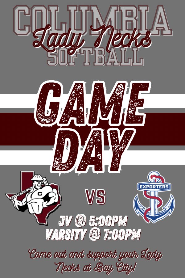 IT’S GAME DAY!!!

Come out and support your Lady Necks at Brazosport tonight! 

JV @ 5:00pm &amp; Varsity @ 7:00pm

Link to Purchase Tickets:
gofan.co/event/1255474?…

<a href="/CHSAthl/">Columbia Athletics - Ride For The ‘C’</a> <a href="/CBISDTx/">Columbia-Brazoria</a>