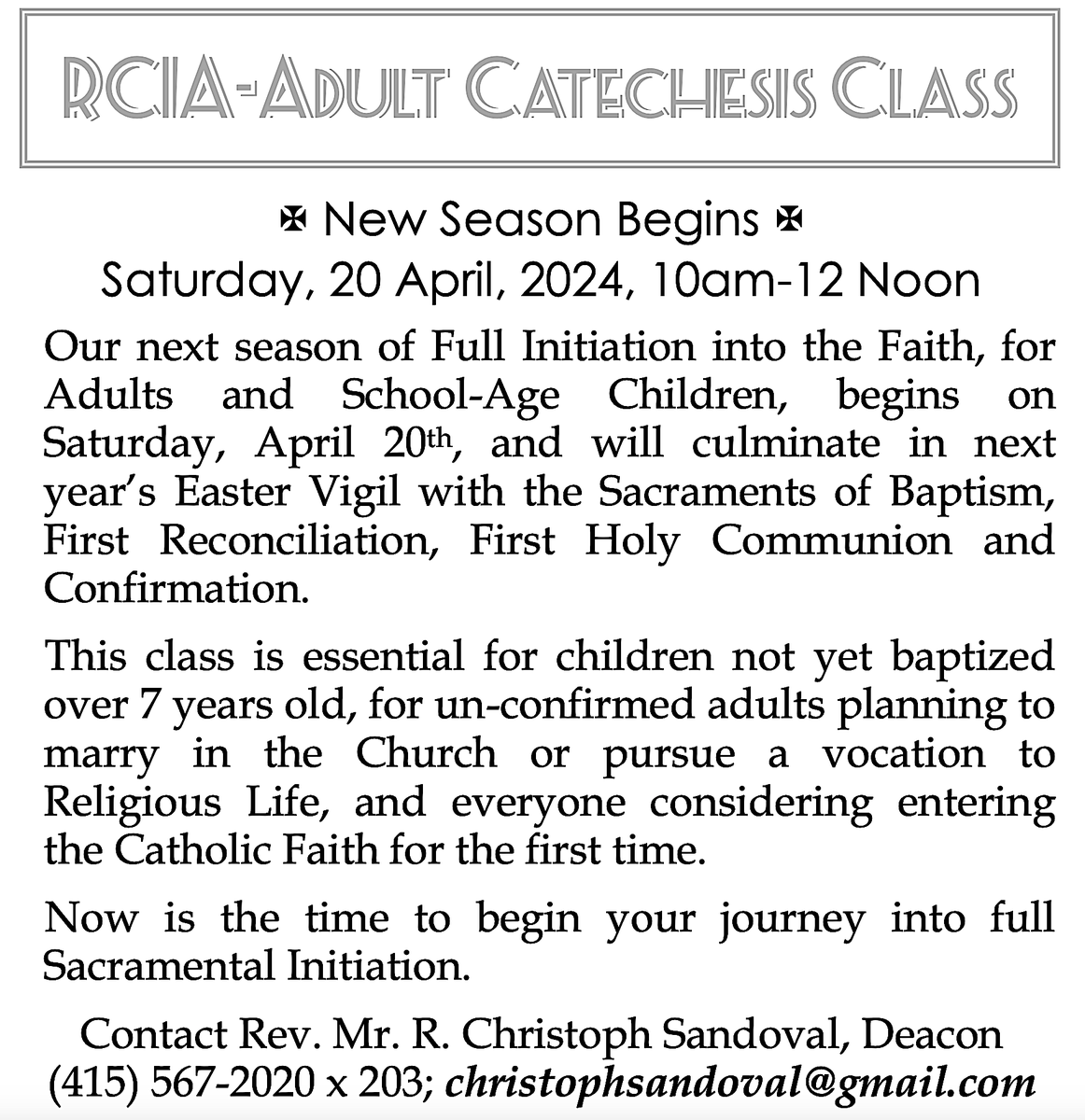 INVITATION TO RITE OF CHRISTIAN INITIATION FOR ADULTS (RCIA) AND CHILDREN'S CATECHESIS CLASS