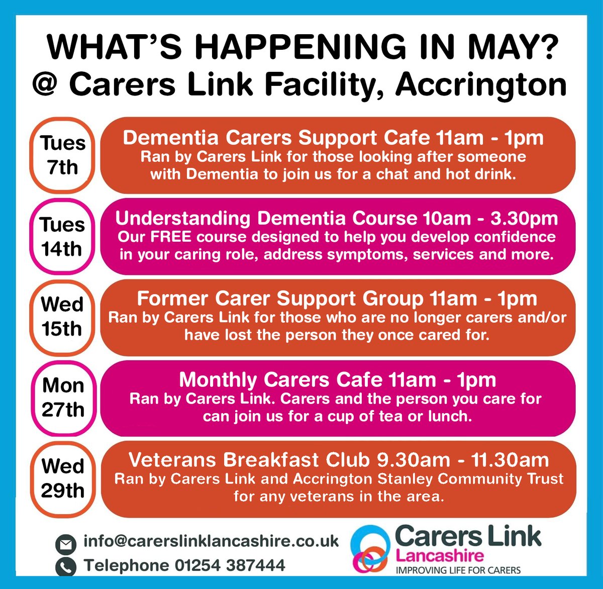 What's coming up in May at our Accrington 54/56 - Carers Link Lancashire's Community Facility ⬇⬇