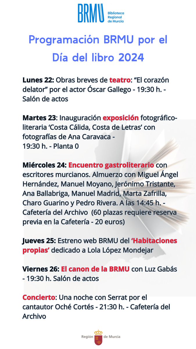 ¡¡Ya tenemos la programación para festejar por todo lo alto el #diadellibro2024 en la @brmu!! ➡️Toma nota de lo que hemos preparado para toooda la semana en: estaticocultura.carm.es/wbr/home/FIC20…