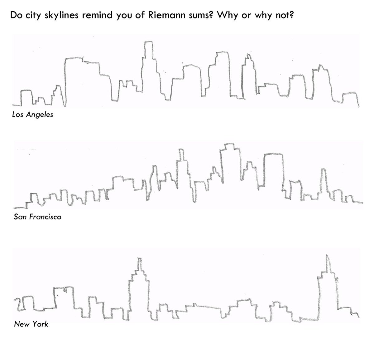 DeconstructCalc's tweet image. Where can your students look around and see the math that they are doing on paper? We think 2D pictures of skylines might remind students of Riemann sums. Can they draw a function that would match? #deconstructcalc #calcmindset #changetheequation