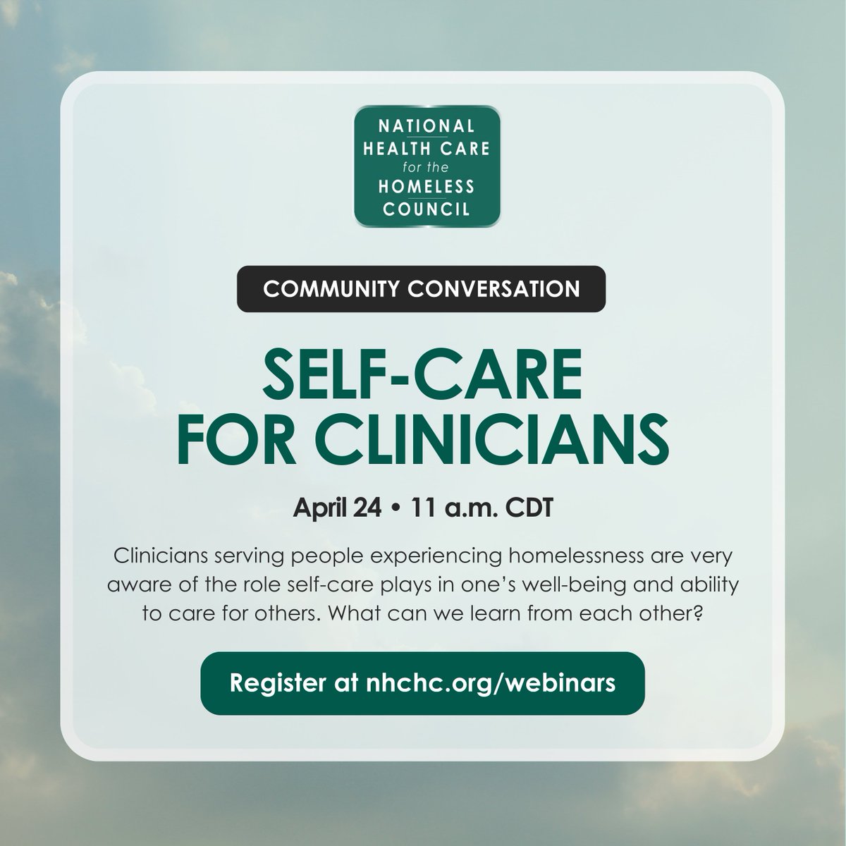 NatlHCHCouncil's tweet photo. Coming up next week: Clinicians serving people experiencing homelessness are very aware of the role self-care plays in one's ability to care for others. Join us 4/24 for a Community Conversation exploring strategies that support well-being. Register here: https://t.co/oJYs6qh6iE https://t.co/as2go1Id4U