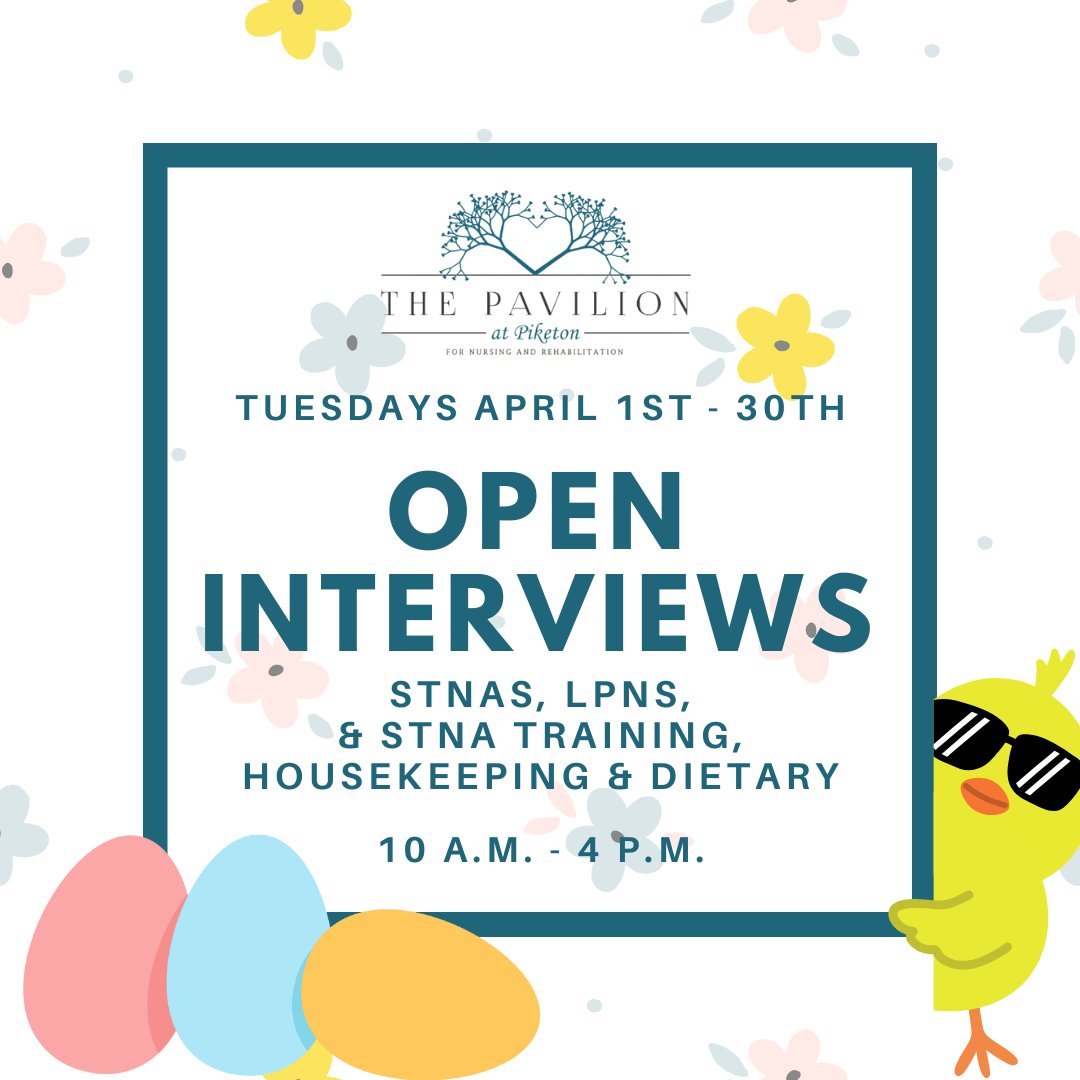 Unlock your future! Join us every Tuesday in April for open interviews from 10-4. Opportunities await for STNA, LPN positions, and FREE STNA Training! 🌟 #CareerOpportunity #JoinOurTeam #PavilionAtPiketon #Rehabilitation #SkilledNursingCare #Recovery