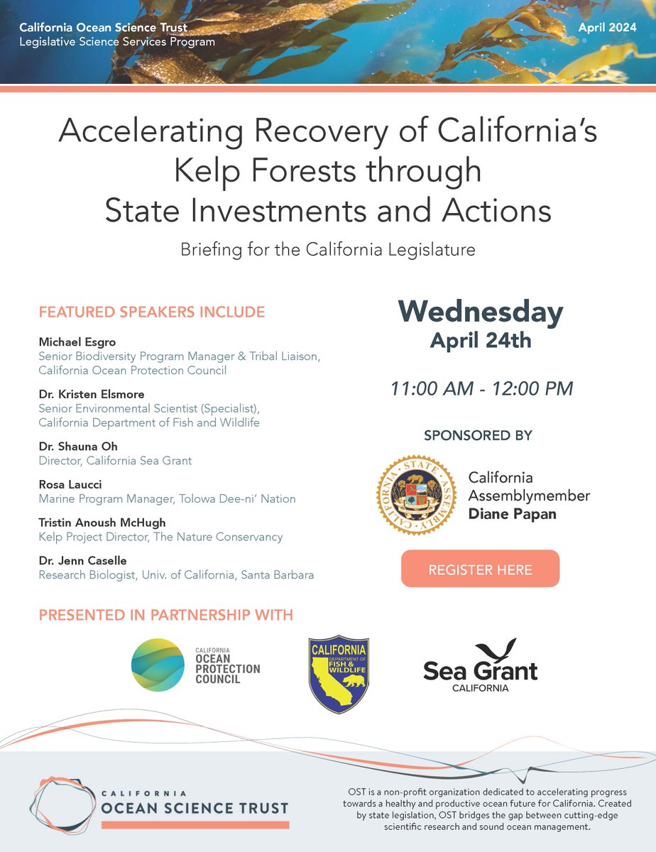 You're invited! On Wednesday, April 24, at 11am Pacific Time, join us for a virtual briefing on Accelerating Recovery of California's Kelp Forests Through State Investments and Actions. Register to attend: us02web.zoom.us/webinar/regist…