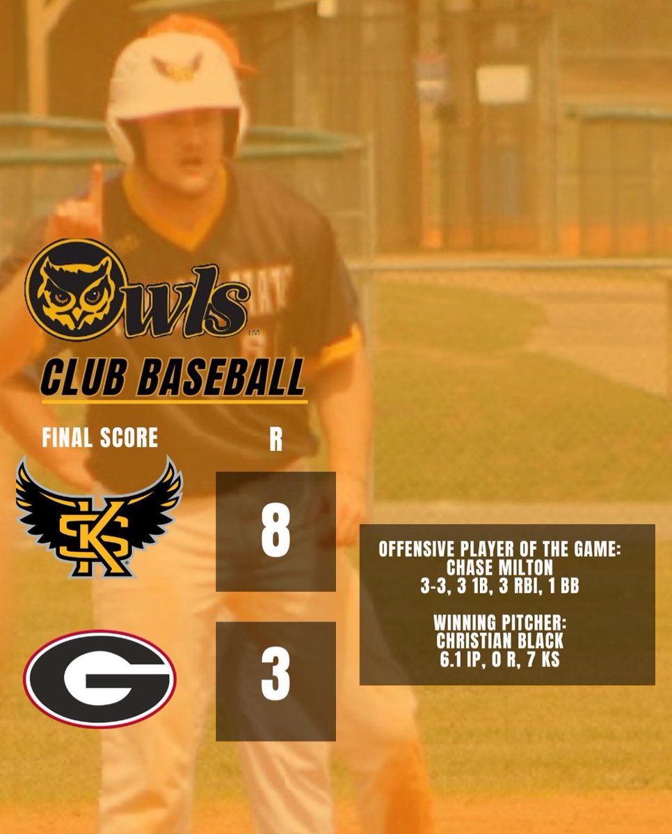 clubbaseballKSU's tweet photo. As the OWWWWWWWWWWWls are getting back to full strength they go into Athens and take care of business to pick up a huge series win against the Dawgs! Nick Brooks continued his All-American caliber season dominating at the plate and Christian Black improved to 5-0 on the season! https://t.co/RFs0r7Gb20