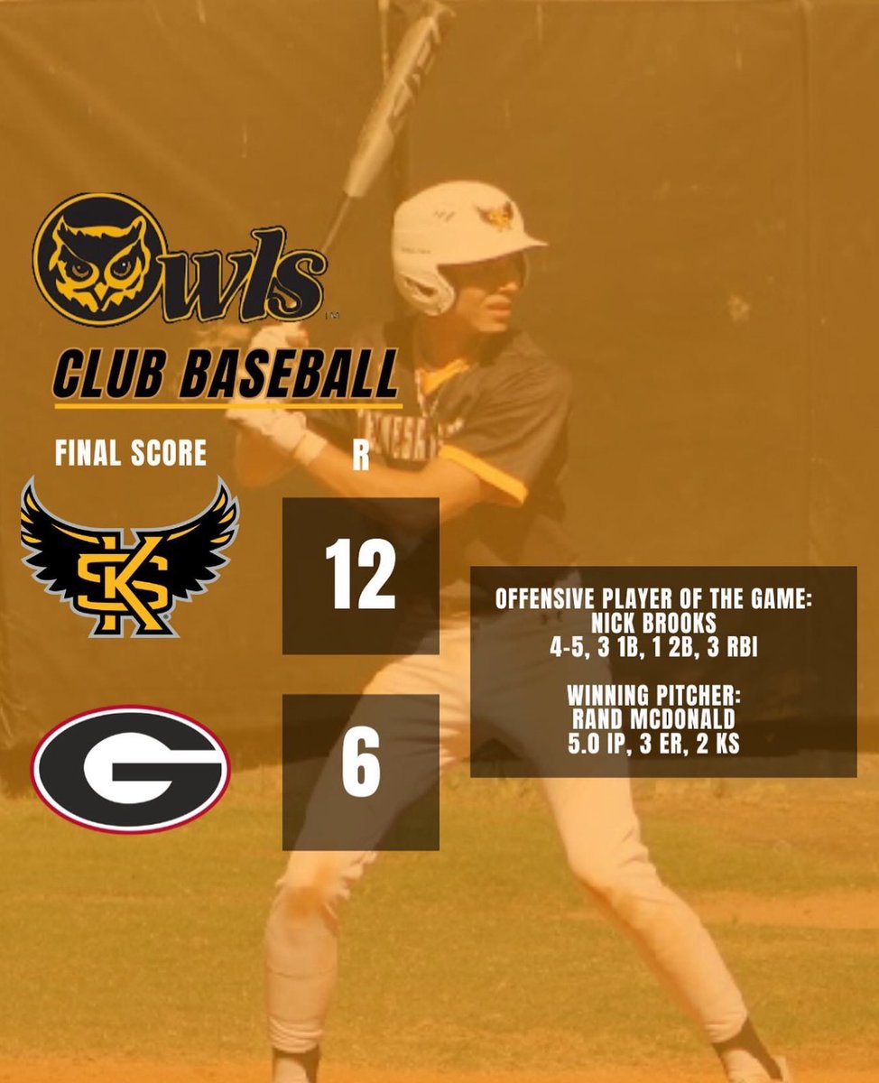 clubbaseballKSU's tweet photo. As the OWWWWWWWWWWWls are getting back to full strength they go into Athens and take care of business to pick up a huge series win against the Dawgs! Nick Brooks continued his All-American caliber season dominating at the plate and Christian Black improved to 5-0 on the season! https://t.co/RFs0r7Gb20