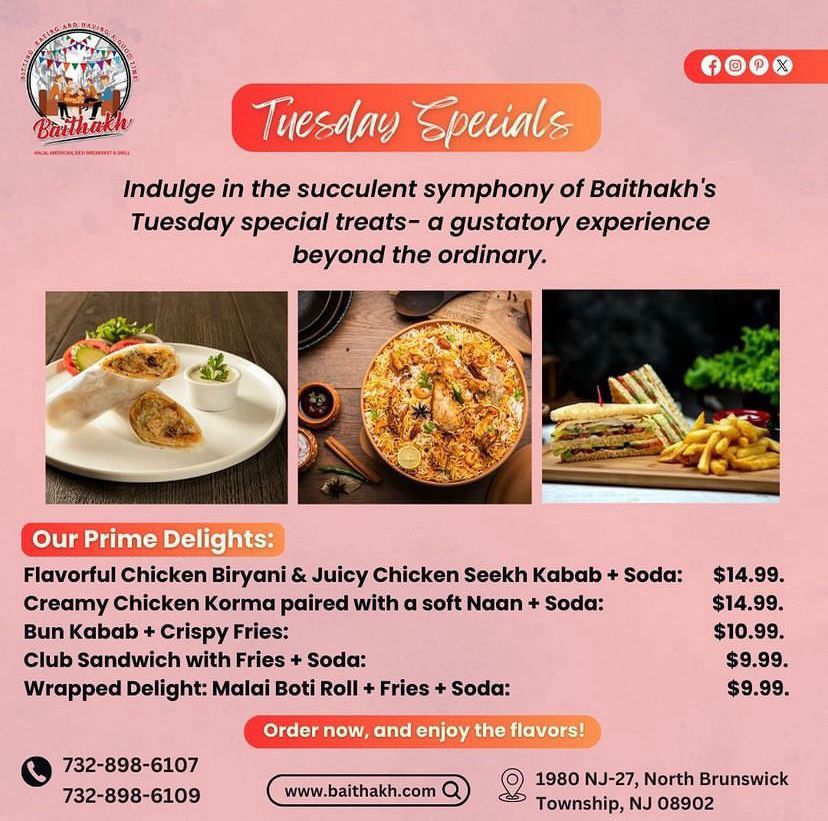 Baithakh's Tuesday Special!

Call Now: +17328986107
Visit Now: 1980 NJ-27, North Brunswick Township, NJ
08902, United States
#baithak #halal #restaurant #desi #cuisine #tradition #pakistanifood #fries #bunkabab #chickenbiryani #chickenkorma #chickenseekhkabab #tuesdayspecial