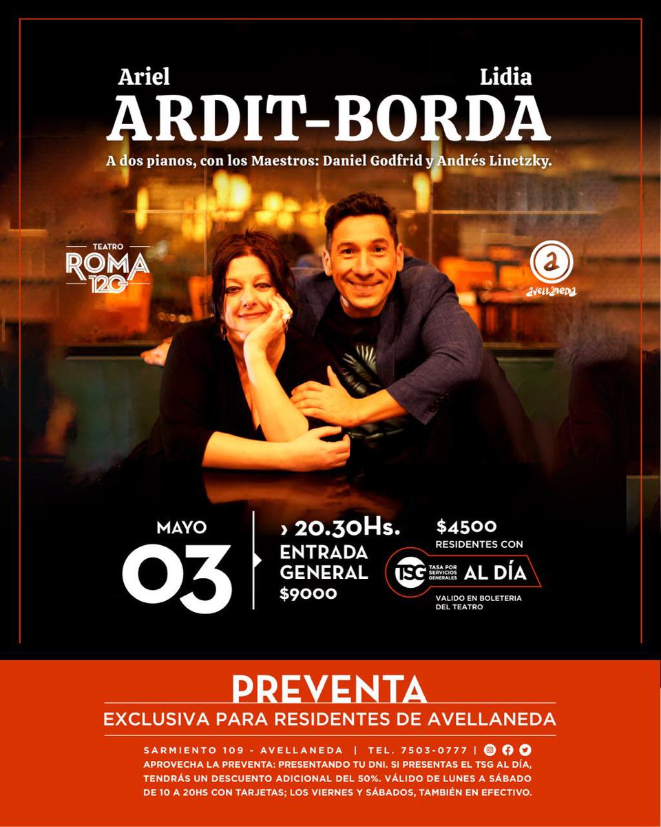 🎤 3/5 ARDIT &amp; BORDA en el <a href="/teatro_roma/">Teatro Roma</a> de Avellaneda.

#arielardit #lidiaborda #pianos #tango #120añosteatroroma #direcciondespectaculosavellaneda #culturaavellaneda 
<a href="/CulturaMda/">CulturaMDA</a> 
<a href="/arielardit/">Ariel Ardit</a> 
<a href="/AndresLinetzky/">Andres Linetzky</a>