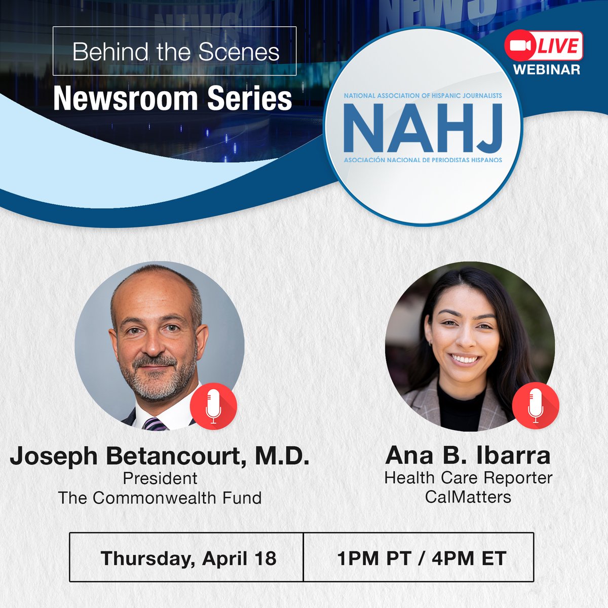 Join Joseph Betancourt, M.D. from @commonwealthfnd and Ana B. Ibarra from @CalMatters in a wide-ranging conversation about the most critical health care issues facing Latinos right now this Thursday, April 18 at 4pm ET. #MoreLatinosInNews Register here ➡️ nahj.memberclicks.net/newsroomcommon…