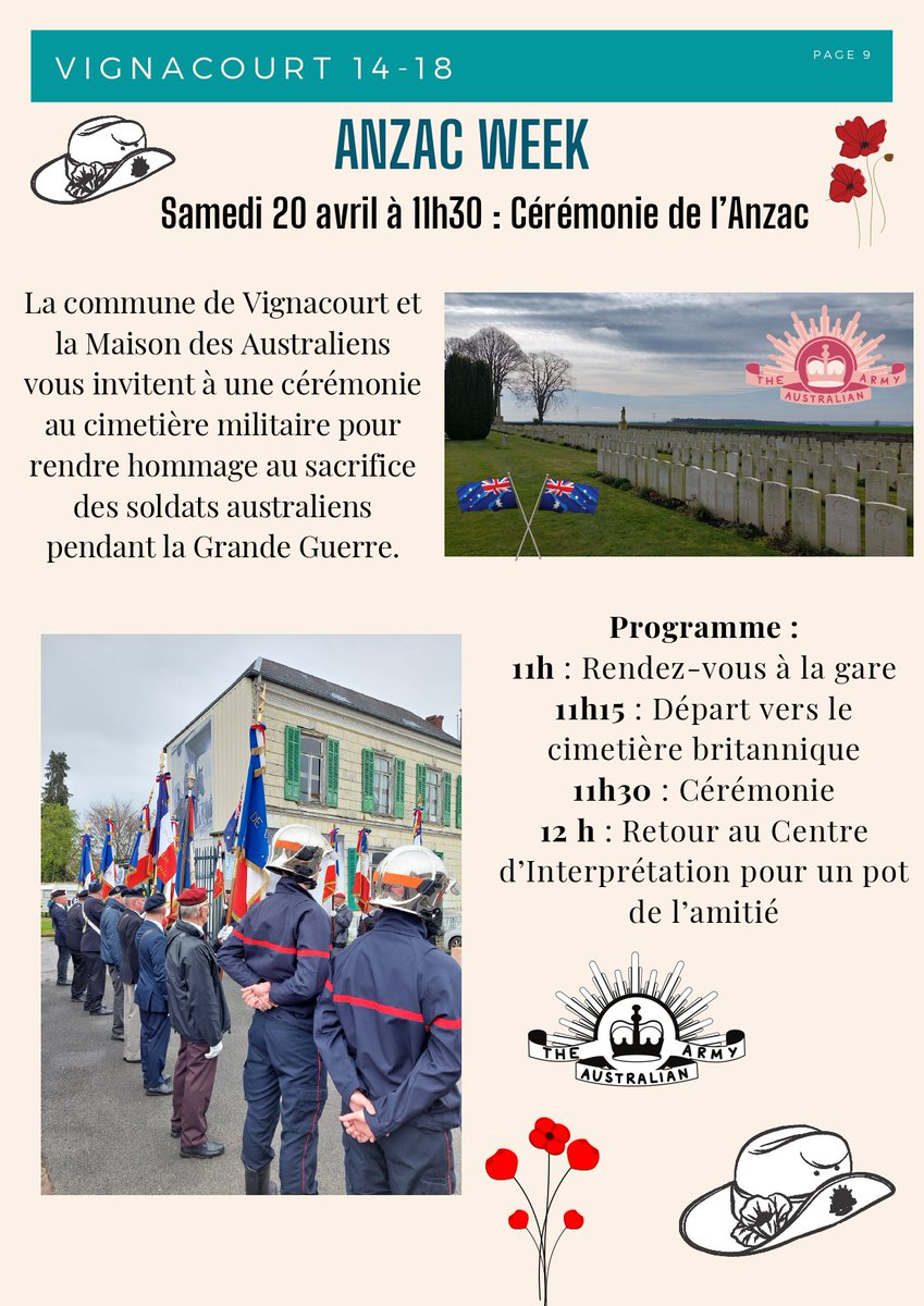 🇦🇺 Samedi 20 avril 2024, la commune de Vignacourt et l’association la maison des Australiens vous invitent à la cérémonie de l’Anzac 🇦🇺 Pour plus d’informations, vous pouvez les contacter ici : vignacourt1418@gmail.com