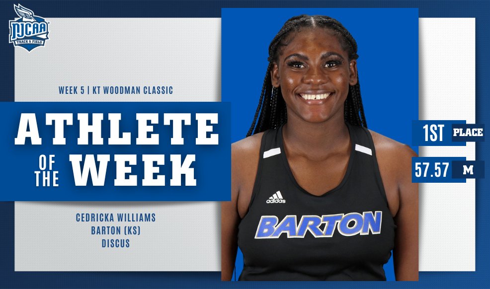 Meet Champion ✅ School Record Holder ✅ Cedricka Williams is the #NJCAATF DI Women's Athlete of the Week! Williams earned 1⃣st place in the KT Woodman Classic last week to break the @BartonSports Women's Discus Record. 🥇 #NJCAAPOTW