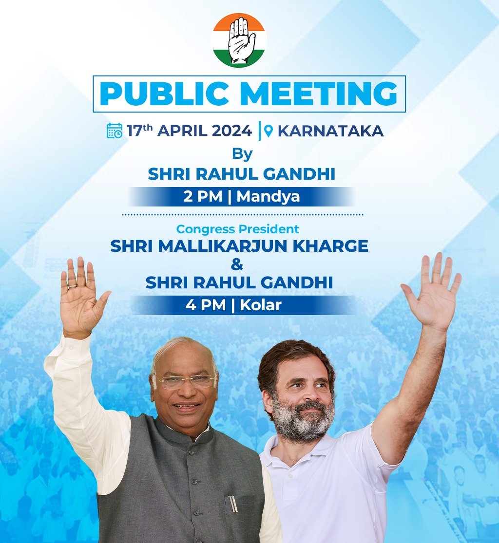 Congress President Shri @kharge and Shri @RahulGandhi are scheduled to attend public meetings in Karnataka today. Stay tuned to our social media handles for live updates.   📺 twitter.com/INCIndia   📺 facebook.com/IndianNational…   📺 youtube.com/user/indiacong…