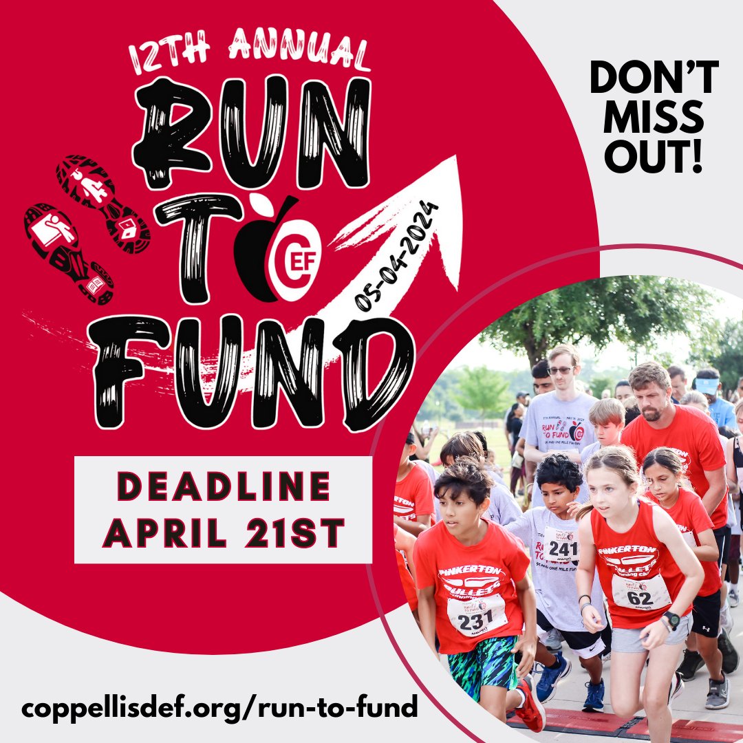 🎉 Ready, set, register! 🏃‍♀️ Don't miss out on the 12th Annual Run to Fund! 🏃‍♂️ Time's ticking ⏰, deadline's April 21st for that sweet guaranteed t-shirt 🎽. Don't delay, lace up those sneakers and join the fun! 🌟 Register: coppellisdef.org/run-to-fund/