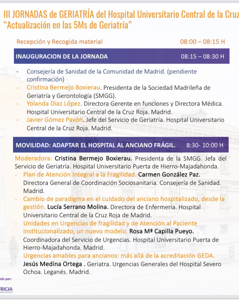 GeriaCruzRoja's tweet photo. II Jornadas de Geriatría del H Universitario Central de la Cruz Roja de Madrid. Animaos!
➡ "Actualización en las 5M de la Geriatría".
📆 Viernes 24 de Mayo de 2024
🔜 8:00 a 18:00H
🗒 Solicitada acreditación 
✏ Inscripción a través de email: secgeriatria.hccruz@salud.madrid.org https://t.co/30ukBE39kn