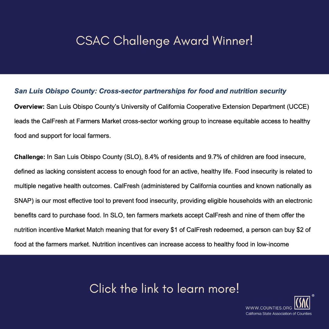 Join #CACounties in celebrating #NCGM by learning more about innovative #ChallengeAward-winning programs! @CountyofSLO's Cross-Sector Partnerships for Food & Nutrition Security program increases equitable access to healthy food & support for local farmers. counties.org/sites/main/fil…