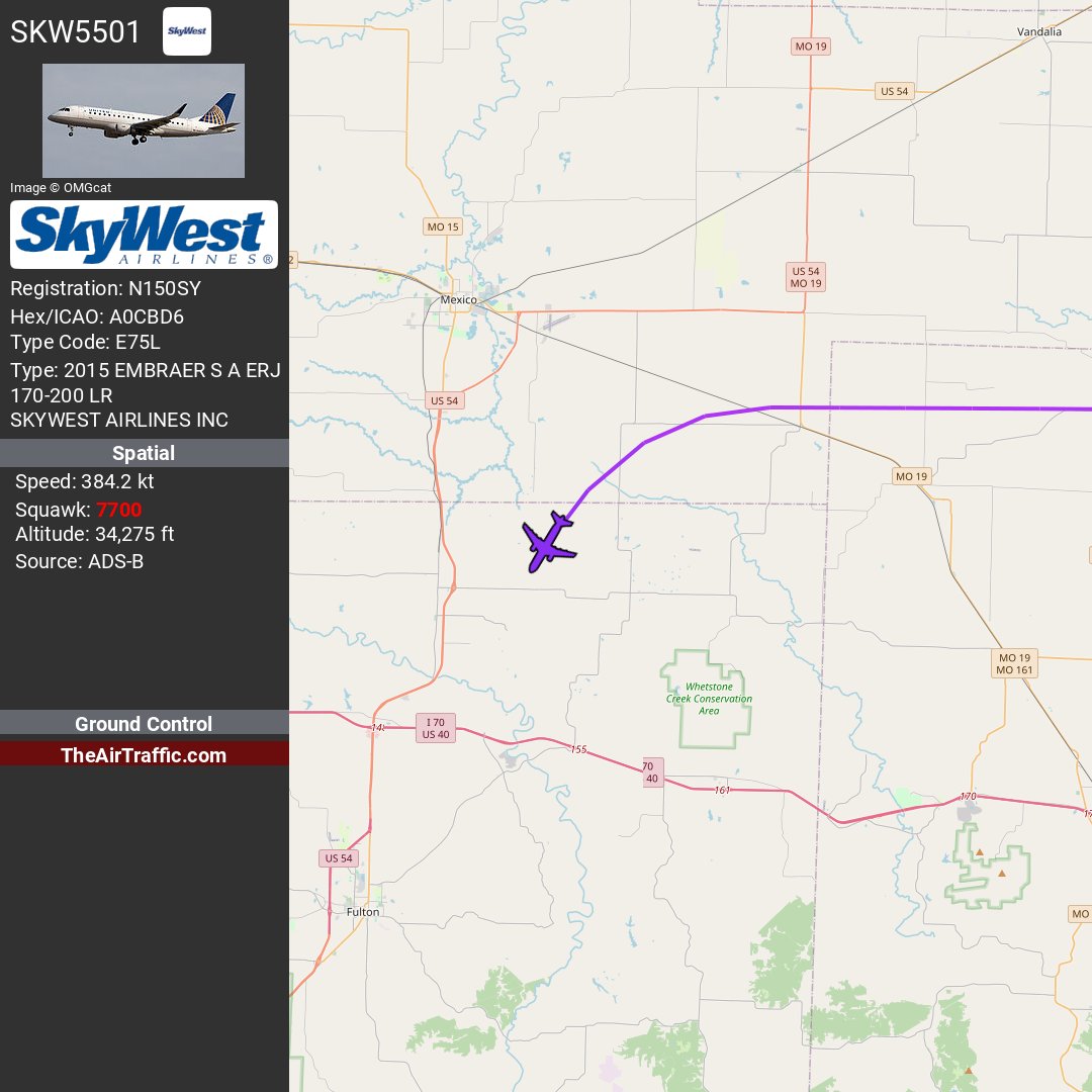 #SKW5501 is squawking 7700 (General Emergency), globe.theairtraffic.com/?icao=A0CBD6&s… 
04/16/2024, 15:33:33 Z Operated by @SkyWestAirlines