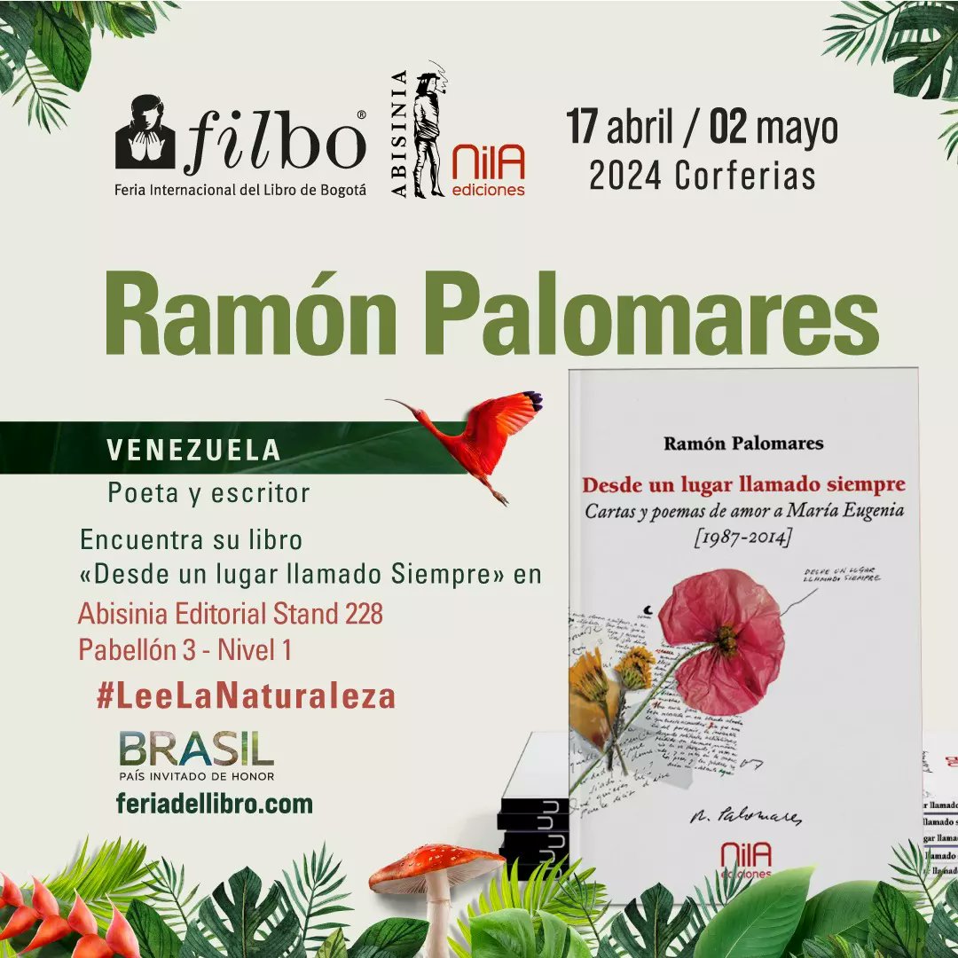 NilaEdiciones's tweet photo. ¡Estamos en la FILBO! 🇨🇴

Gracias a los compañeros de la editorial Abisinia, el libro Desde un lugar llamado siempre de Ramón Palomares se encuentra disponible en la Feria Internacional del Libro de Bogotá. 

Encuéntralo en Abisinia Editorial, stand 228. Pabellón 3 - Nivel 1. https://t.co/ufN57ejqIx