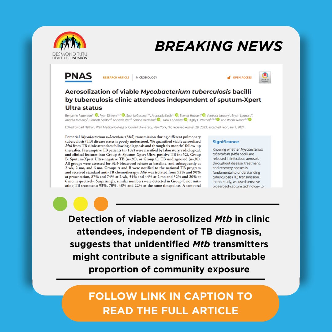 The DTHF Aerobiology Unit published their work in @PNASNews -- Investigating whether Mtb bacilli are released in infectious aerosols throughout disease, treatment, and recovery phases, is fundamental to understanding TB transmission. Read it here: bit.ly/3UiInOc