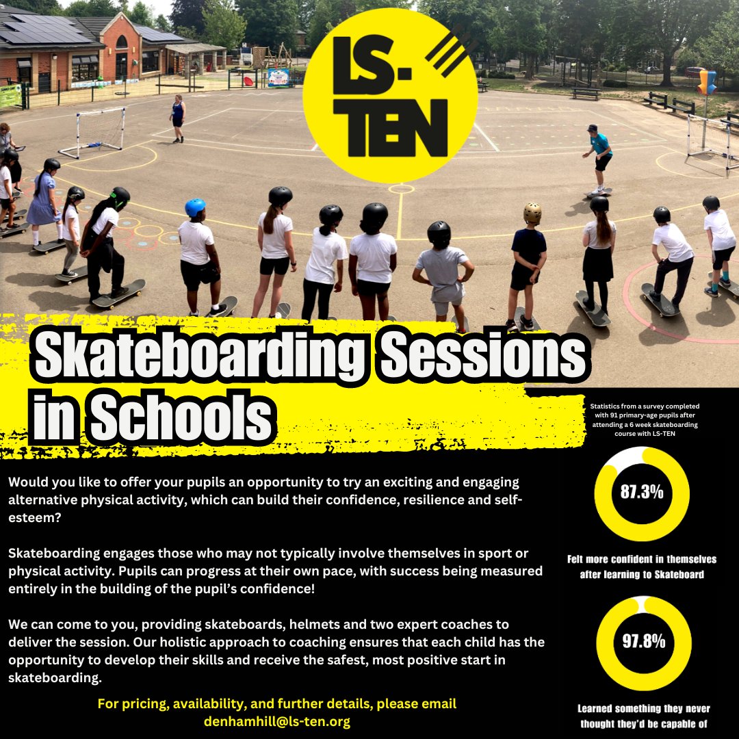 Are you looking for the perfect summer activity for your school? Look no further! Our After School Skateboarding Clubs might be just what your pupils need. Have fun, learn something new, and build confidence and resilience along the way! Email denhamhill@ls-ten.org for details.