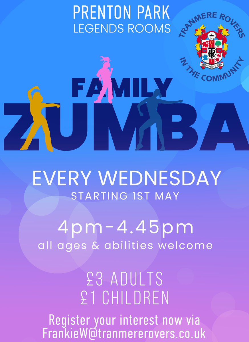 🪩 We are delighted to bring you our brand new Family Zumba sessions which will start every Wednesday from 1st May. The sessions, from 4pm to 4.45pm, are open to all ages and abilities and are £3 for adults and £1 for children. 📧 FrankieW@tranmererovers.co.uk #TRFC #SWA