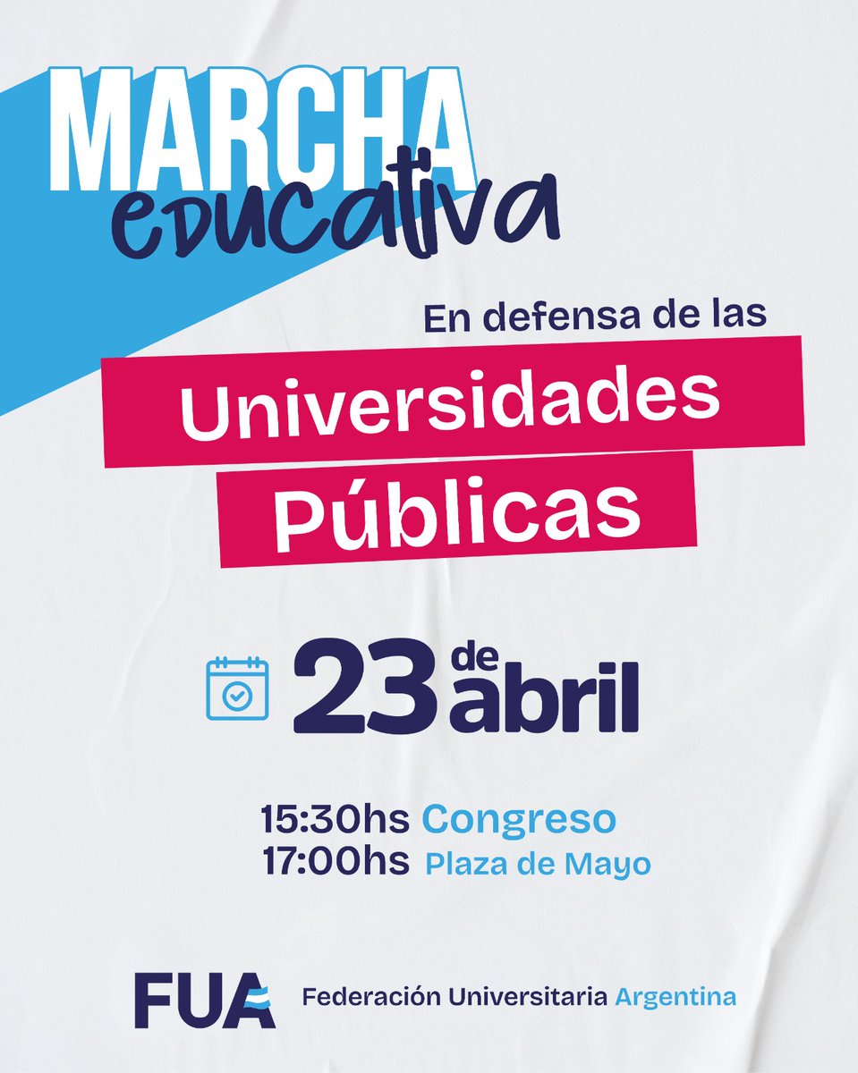 POR NUESTRAS UNIVERSIDADES PÚBLICAS ✊🏽

Desde el CIN, el Frente Sindical y la FUA convocamos a la GRAN MARCHA EDUCATIVA

🗓️ Martes 23 de Abril
📍 En la Ciudad de Buenos Aires, concentramos a las 15:30hs
⌛ Si no llegas a tiempo, nos encontramos en Plaza de Mayo a las 17hs
 (+)