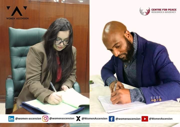 WomenAscension's tweet photo. MoU ceremony was led by Ma'am Maheen Amjad (Founder and President of Women Ascension) alongside Cliffton Chifuwe (President of the Centre for Peace Research and Advocacy-CPRA).
#Women #Empowerment #Inpower #Leadership #Peace #Justice #SDG16 #CPRA #WAPJ #WomenAscension #Global https://t.co/imzDA6f8J7