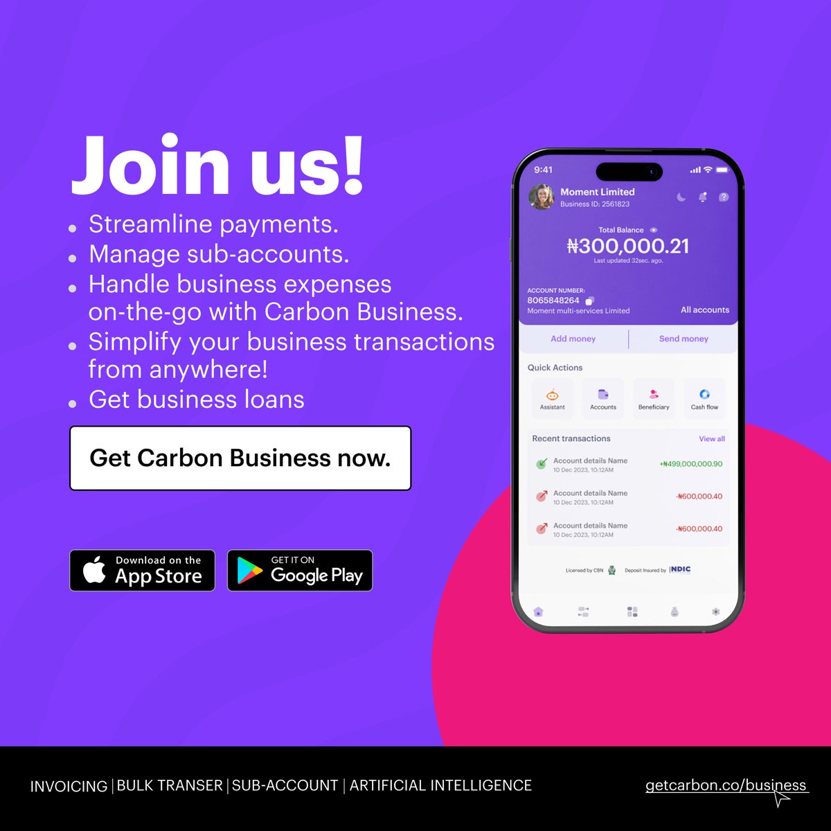 GetCarbonBiz's tweet photo. Build your business into a thriving empire with an intelligent financial partner that helps you save time, cost and make smarter business moves.

Join Carbon Business today!

#FinTech #Nigeria #BusinessBanking #startup #entrepreneur  #smefinance #smallbusiness #growth https://t.co/r1WBOJvTgn