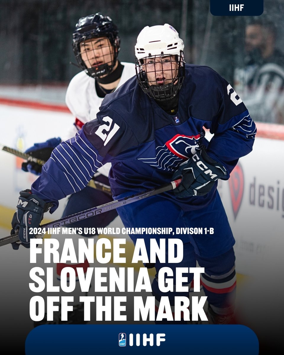 France and Slovenia got their first W at the 2024 #U18MensWorlds Division 1B.🇫🇷🇸🇮✌️ @Hockey_FRA @lovehokej Read full Day 2 recap ⤵️ iihf.com/en/events/2024…