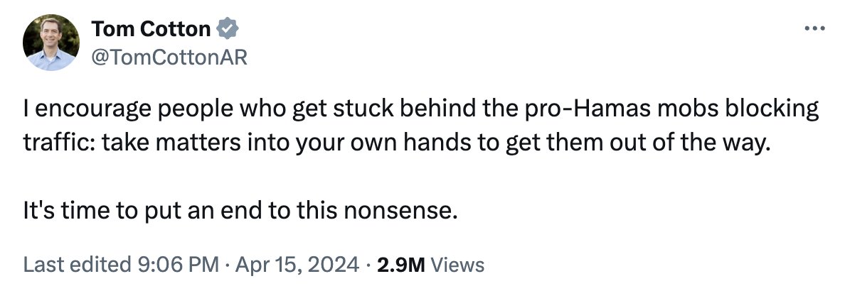 welcome to Congress, where saying something pro-Palestine is interpreted as a call for violence and censured while actual, literal calls for violence are completely ignored