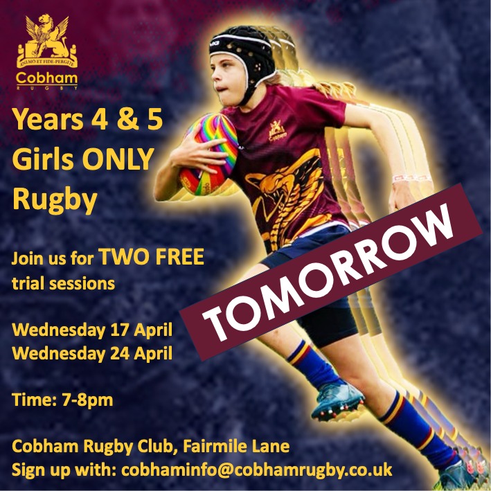 Rugby is a fairly unique sport - a contact game of evasion! It's probably the best game in the world... why not try it. The Cobham Cobras girls meet on Wednesday evenings 7-8pm. Email: cobhaminfo@cobhamrugby.co.uk
