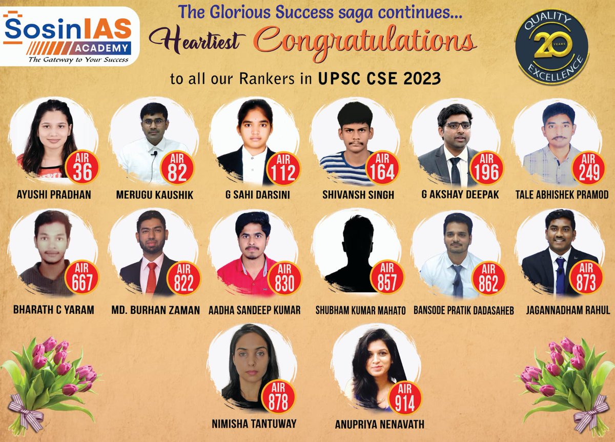 The Glorious success saga continues...
Heartiest Congratulations to all our Rankers in UPSC CSE 2023

#UPSC #UPSCCSEfinalresult2023 #upscexam #upscaspirants #IASAcademyinHyderabad #IAS #CivilServicesExamination #CSE #IRS #IPS #IFS #CivilServicesCoaching #sosiniasacademy