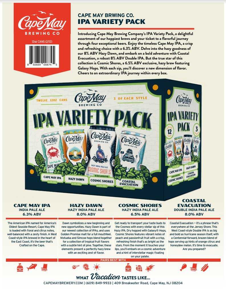 You've asked for it, and they delivered! The Cape May Brewing Co. Variety Pack is NOW AVAILABLE!! Find it here: tinyurl.com/24h3dczk #njcraftbeer #craftbeer #njbrewery #craftbeerlover #beerlover #beergeek #beernerd #nj #njbusiness #njbiz #jersey #jerseyshore #ipa #capemay