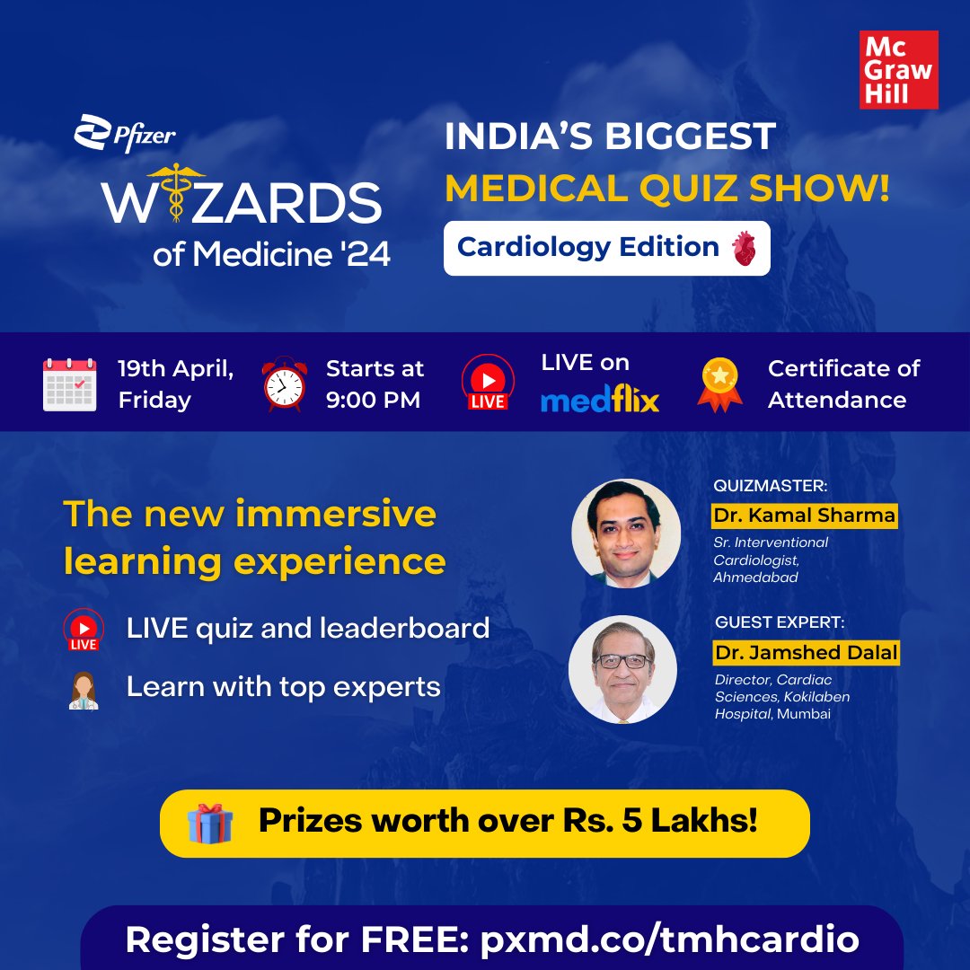 MHEducationIN's tweet photo. India's biggest medical quiz is back!   Join Wizards of Medicine '24 for a chance to win ₹5 lakhs &amp; learn from top experts. Cardiology edition with Dr. Jamshed Dalal &amp; Dr. Kamal Sharma on April 19th at 9 PM on Medflix. Register FREE: https://t.co/5VSvUpkl59
#MedTwitter #Quiz https://t.co/nQsAk6DOef