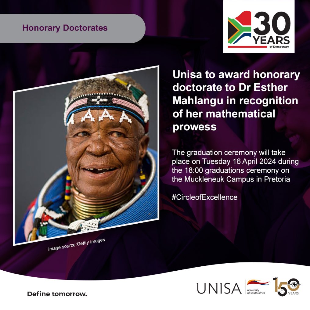 KHOTSONG! @unisa is honoured to Confer an Honorary Doctorate🎓in Mathematics to her eminent Mme Dr Esther Mahlangu Her work transcends art, it project’s Africas endogenous resonance Mathematics, Science, Aesthetics, knowledge &+ We are proud of her Accomplishments Much Luv💻📚🌻