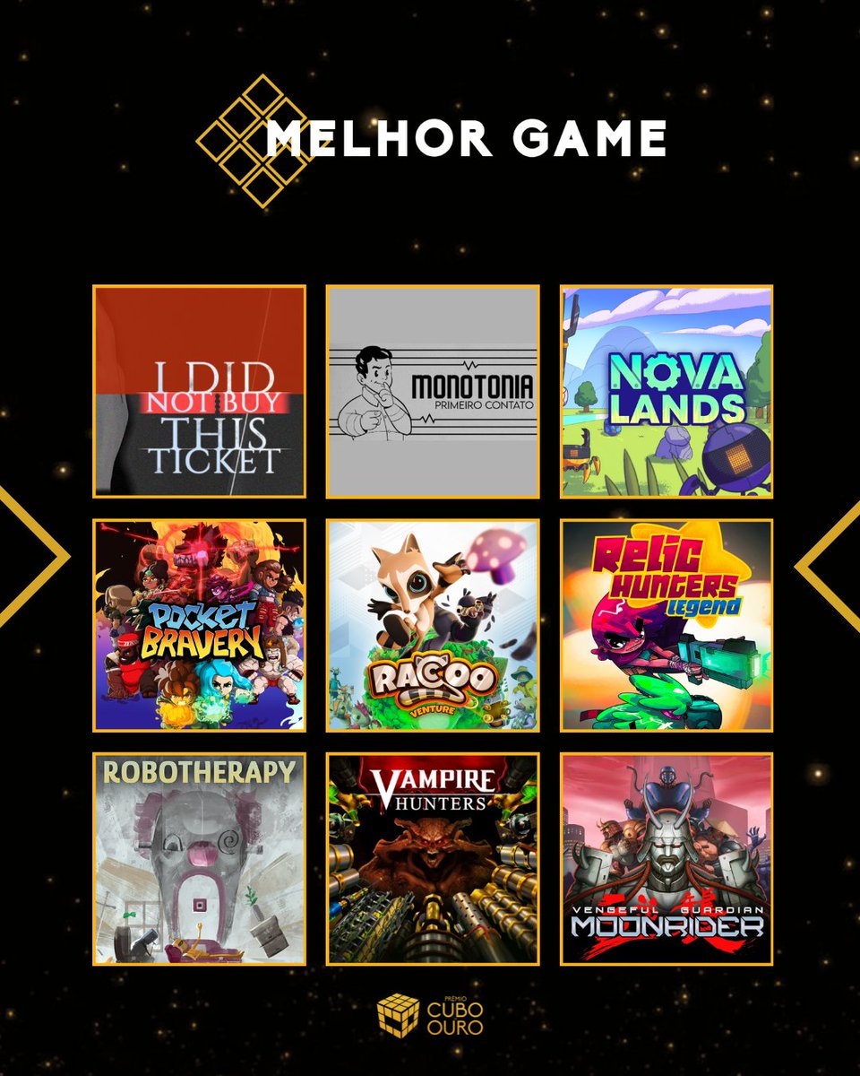 CuboDeOuroBR's tweet image. Confira os finalistas do Cubo de Ouro, na categoria Melhor Game Brasileiro! 🎮🇧🇷

🕹 I Did Not Buy This Ticket 
🕹 Monotonia
🕹 Nova Lands
🕹 Pocket Bravery
🕹 Racoo Venture
🕹 Relic Hunters Legend
🕹 Robotherapy
🕹 Vampire Hunters
🕹 Vengeful Guardian Moonrider
