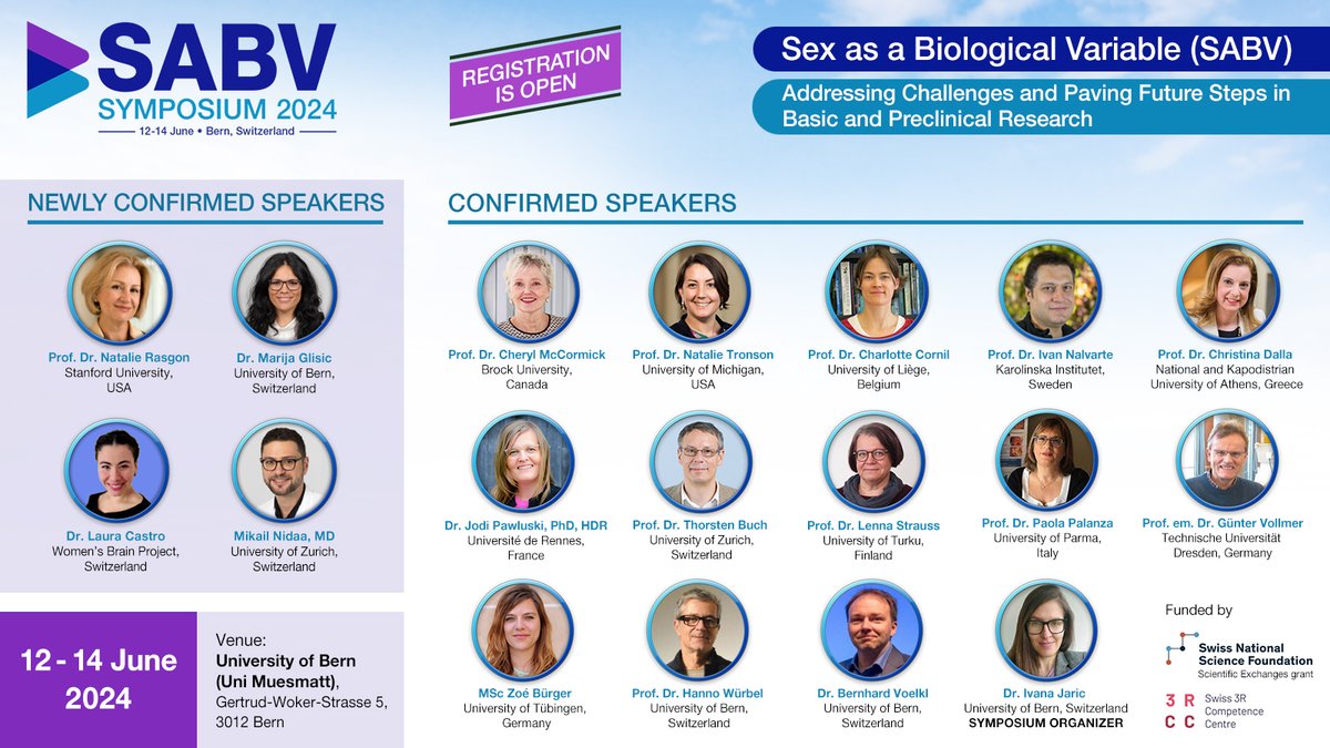 🚨Happy to announce that Prof. Rasgon from @Stanford, Dr. Glisic from @ISPMBern, @MikailNidaa from @cmc_uzh, and @AldreteCastro from @womensbrainpro will join our already outstanding lineup at #SABV Symposium 2024. Check for more info and register here👉tierschutz.vetsuisse.unibe.ch/sabv_symposium…