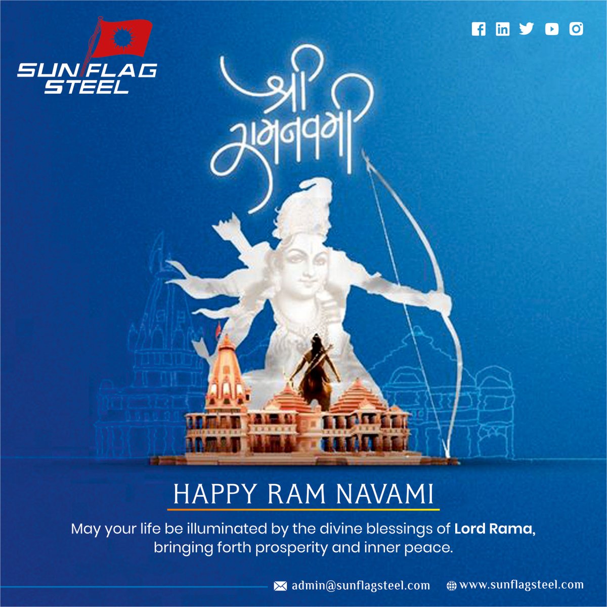 May #LordRama's blessings fill your life with prosperity, harmony, and inner peace. Warm wishes from the #SunflagSteel family. #RamNavami #RamNavami2024 #DivineBlessings #FestivalVibes #HarmonyAndPeace #BlessingsOfRama #Blessings #InnerPeace #Prosperity #Harmony #Sunflag #Steel