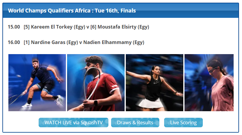 It's the FINALS of the World Champs Qualifying AFRICA coming up ... who will be playing the Worlds next month ?? Watch Live and follow : blackballsquashopen.net/world-champs-q…