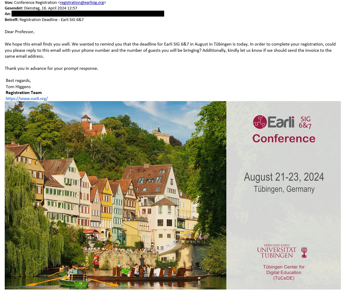 EARLI SIG 7 (@earlisig7) on Twitter photo Dear <a href="/EARLISIG6/">EARLI SIG 6</a> and <a href="/EarliSIG7/">EARLI SIG 7</a> members,
One of our members contacted us because of an e-mail that appears as though it was sent by us with a request to reply to the e-mail with private details.
This e-mail was NOT sent us! Please ignore and delete.
<a href="/earli_office/">EARLI</a> Dear <a href="/EARLISIG6/">EARLI SIG 6</a> and <a href="/EarliSIG7/">EARLI SIG 7</a> members,
One of our members contacted us because of an e-mail that appears as though it was sent by us with a request to reply to the e-mail with private details.
This e-mail was NOT sent us! Please ignore and delete.
<a href="/earli_office/">EARLI</a>