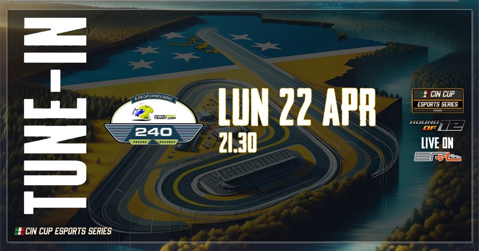 cin_cup's tweet photo. La Motorsport T-shirt Pocono 240 del CIN Cup eSports Series attira l'attenzione. La seconda gara dei Playoffs Round of 12 potrebbe anticipare i prossimi qualificati. Non perderti la gara su @SimRacingLG dalle 21.20!! ๐๏ธ๐ #CINCup #TshirtPocono240 #Playoffs #eSports #SRL https://t.co/acib1LlJl3