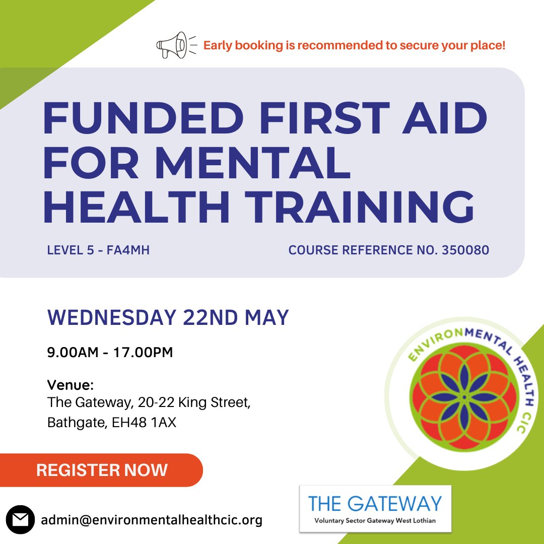 📢 FUNDED Mental Health First Aid Training in West Lothian! 

Equip yourself with crucial skills. Funded by West Lothian Communities Mental Health &amp; Wellbeing Fund. 

Contact admin@environmentalhealthcic.org for details. 

#WestLothian #MentalHealth