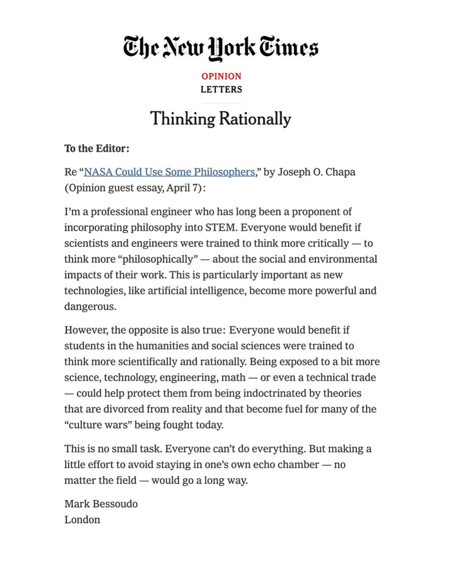 markbessoudo's tweet photo. My letter in the New York Times https://t.co/Ovovb38JtQ

Everyone would benefit if those in the liberal arts and humanities were also taught practical subjects that are rooted in reality and were exposed to ideas that are less ideologically charged. https://t.co/Er4Drj0Zg2