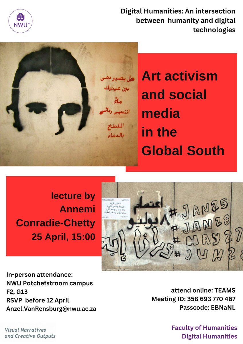 The NWU Faculty of Humanities Research Niche, ViNCO (Visual Narratives and Creative Outputs) invites you to a lecture titled: 'Art activism and social media in the the Global South' by Annemi Conradie-Chetty, Thursday 25 April 2024 @ 15:00 (SAST).

#nwugallery #artactivisim