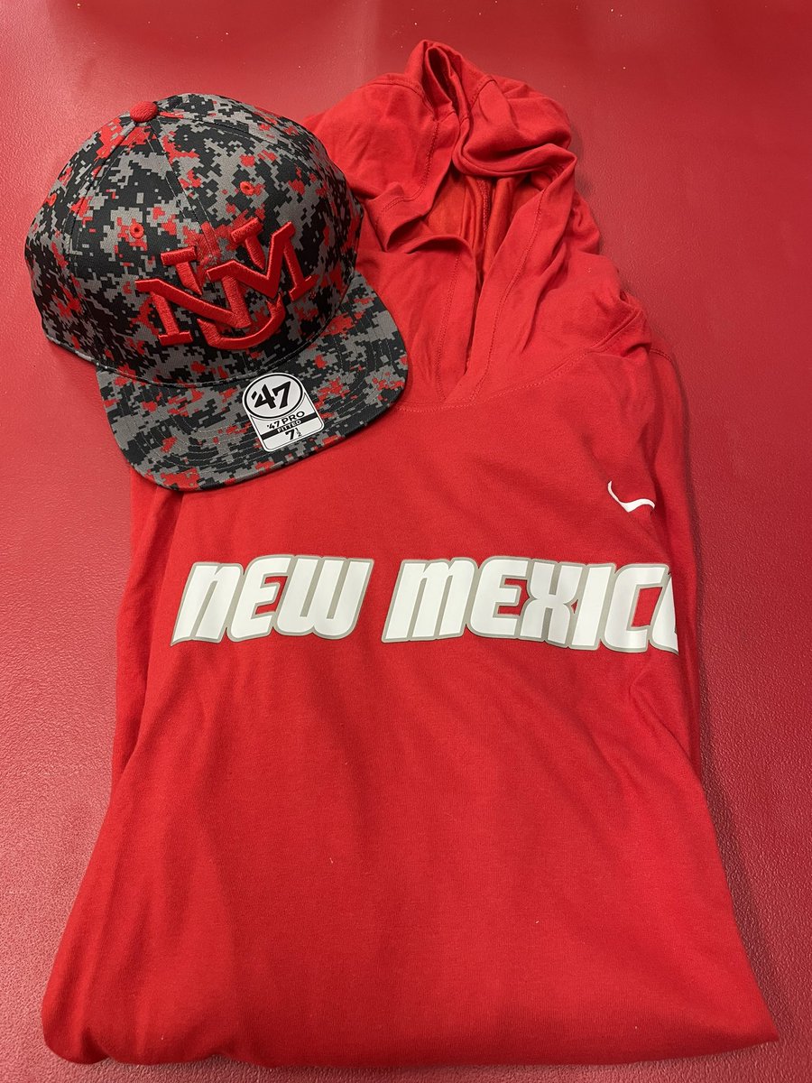 Item #23: Size 7 1/2 Red/Gray Camo New Mexico hat, XL Red long sleeve hooded shirt - Current High Bid: $100