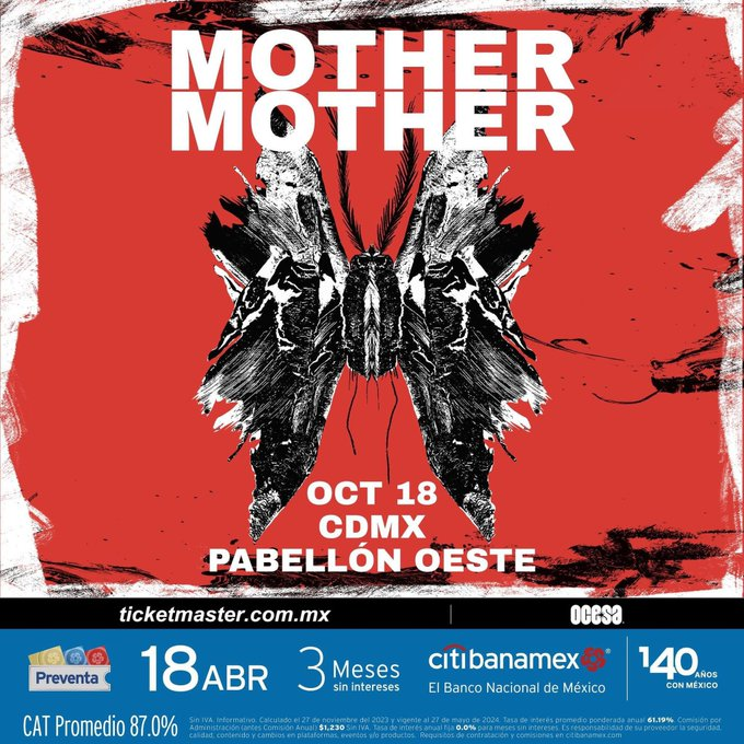 ⭐️⭐️Mother Mother en México!!!⭐️⭐️

🎟️Preventa Citibanamex - 18 abril - 11 AM
💵Precios con cargos: $964 a $1,574
🔗LINK: sovrn.co/nikts4i

#PabelloOeste #boletos #Ticketmaster #TicketsMX