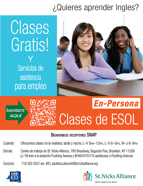 FREE classes to learn English and job placement assistance! #ESOL Enroll today for morning or evening classes.📚 #jobplacement #northbrooklyn Learn more: stnicksalliance.org/workforce-deve… To sign up ☎️ call 718-302-2057 Ext. 403 or 📧 email adulteducationwfd@stnicksalliance.org