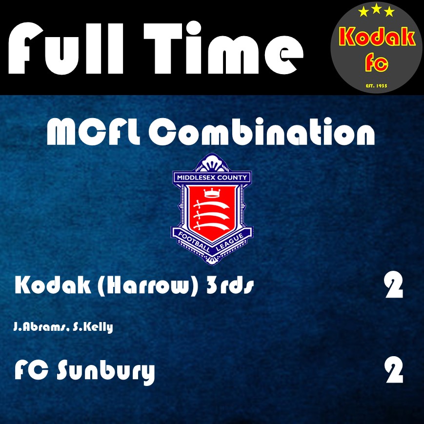 RESULTS

Stonewall FC 4-4 Kodak 1sts
Kodak 2nds 5-0 Acton Ealing Whistlers
Kodak 3rds 2-2 FC Sunbury
Kodak 3rds 2-3 FC Sunbury