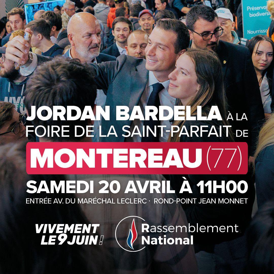 🚨 @J_Bardella poursuit sa tournée chez lui en IDF, sur nos terres seine-et-marnaises ! Nous vous donnons rdv samedi à #Montereau pour passer un moment avec notre tête de liste et participer à cet incroyable élan populaire ! #VivementLe9Juin ! 🇫🇷 🚀