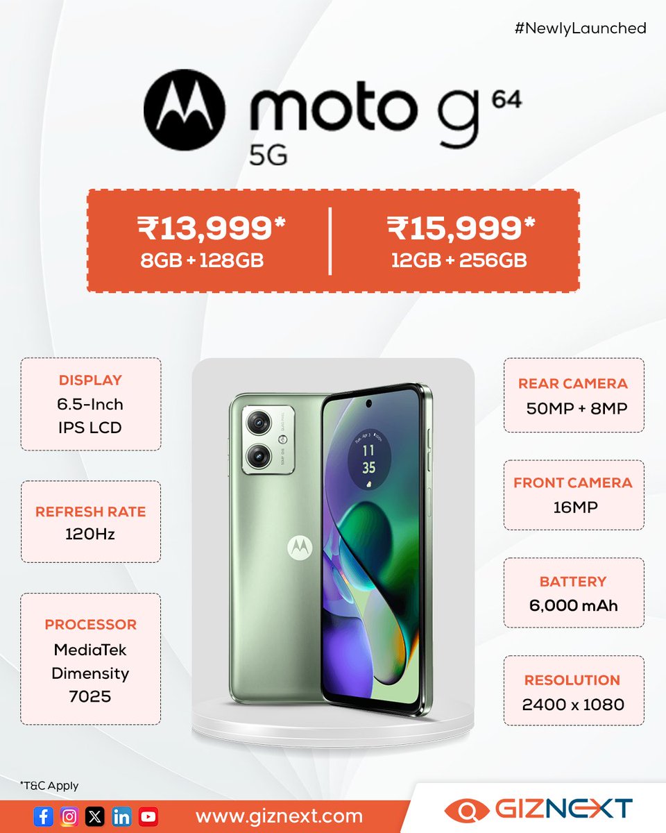 Motorola has launched Moto G64 5G with world's 1st MediaTek Dimensity 7025 and segment's best 6000mAh battery 🤩

Sale starting on 23rd April @Flipkart and motorola.in 🤑

🌈 3 vibrant colours : Mint Green, Pearl Blue and Ice Lilac
📱   Sleek look and tactile feel
💧